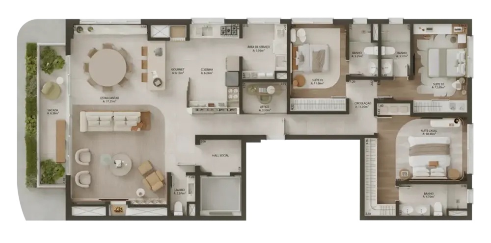 Planta do apartamento de três suítes com office